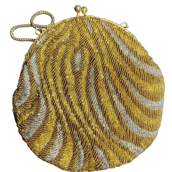 Vintage Beaded Round Evening Bag Handbag Short Gold Tone Metal Round Link Strap - Picture 1 of 5